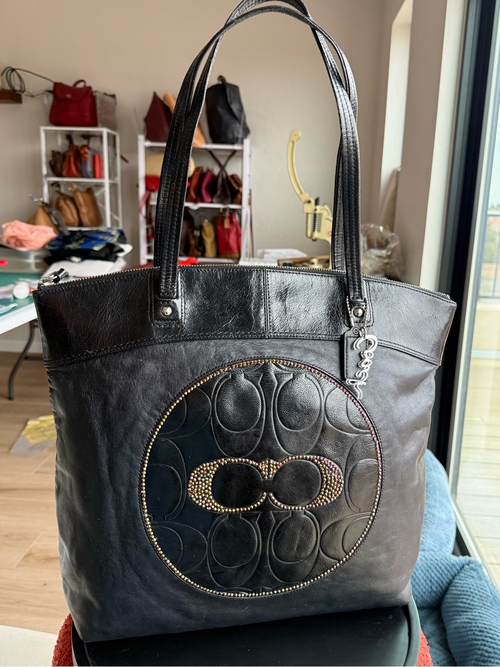 Black Leather Coach Laura Tote Bag with Rhinestone Details